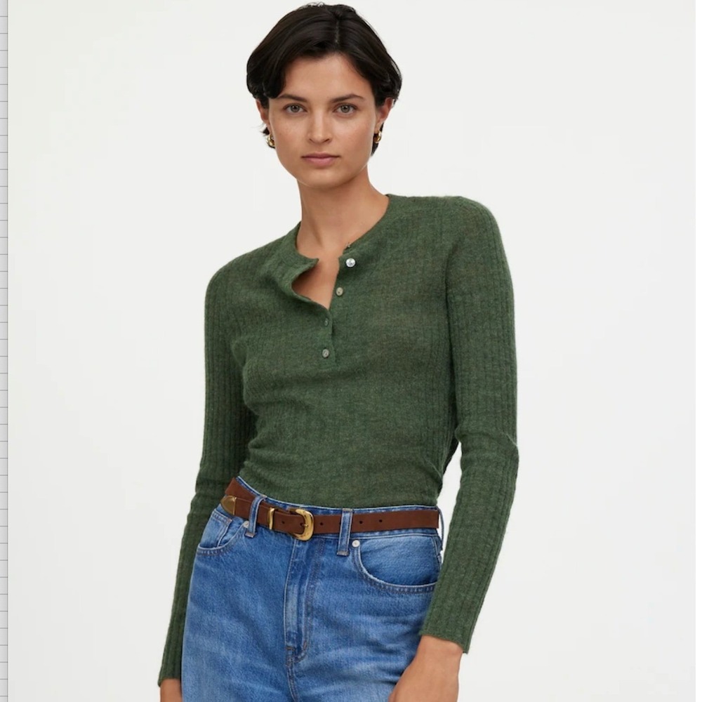 Madewell Alpaca-Blend Ribbed Henley Sweater in Basil SzXL Lightweight Layer Fall